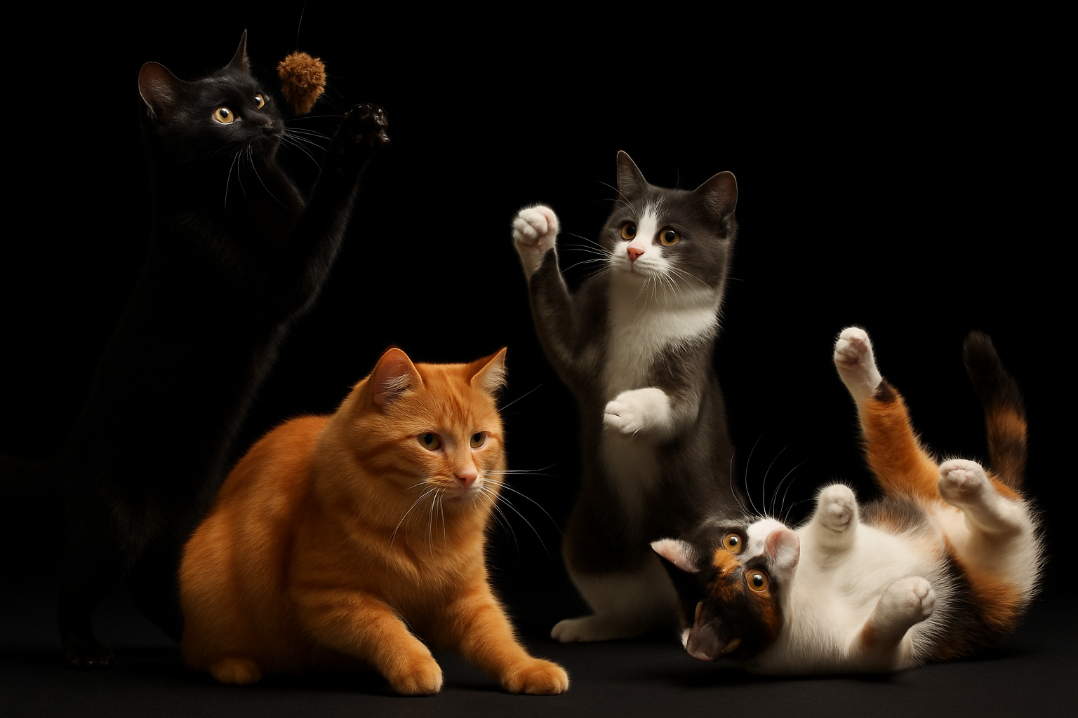 real cats playing black background